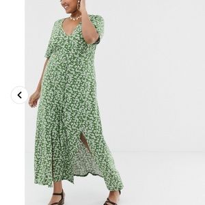 ASOS curve Green Ditsy Floral Maxi midi slit button up t-shirt dress